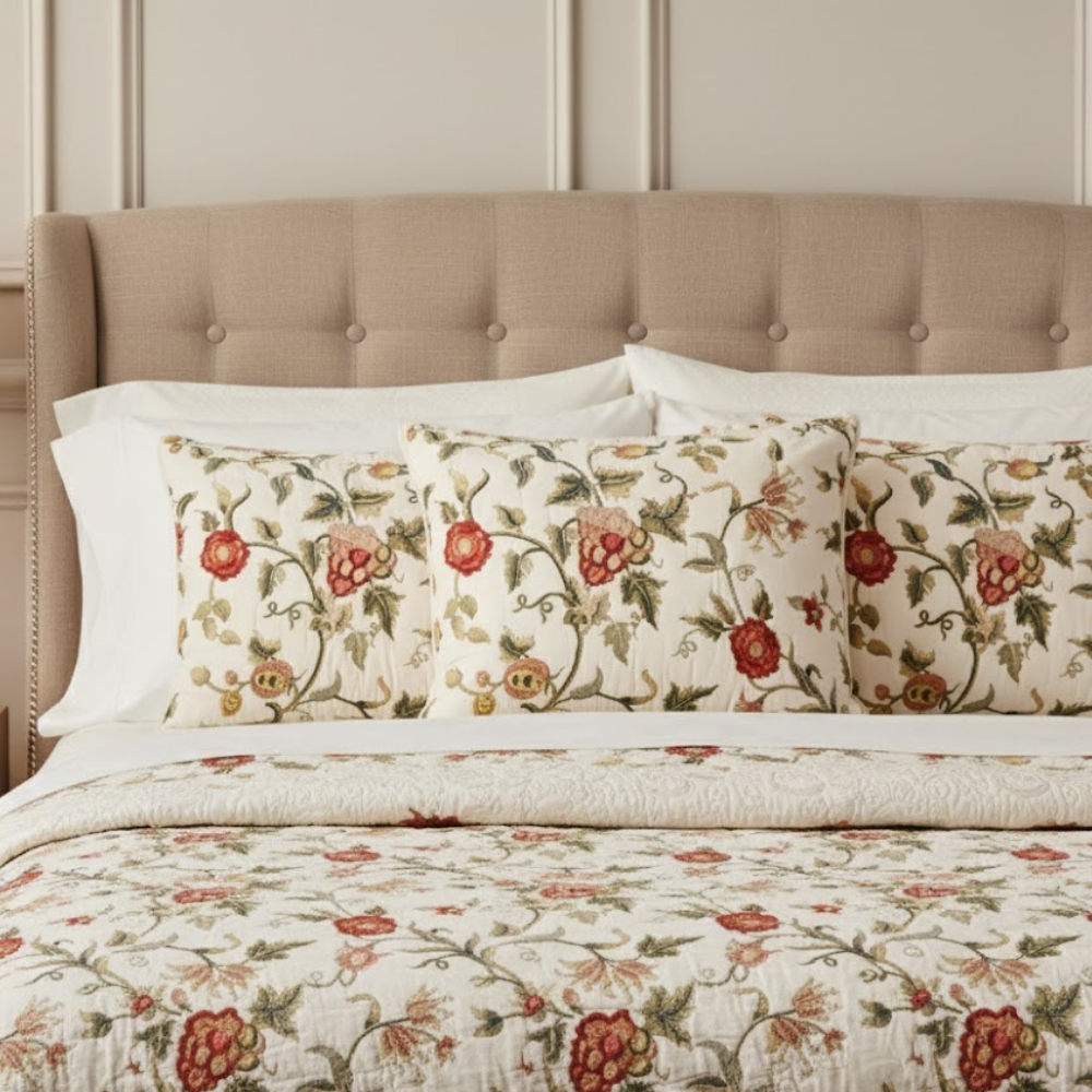 Eliza Quilted Cotton Pillowcase Embroidered Floral Pattern