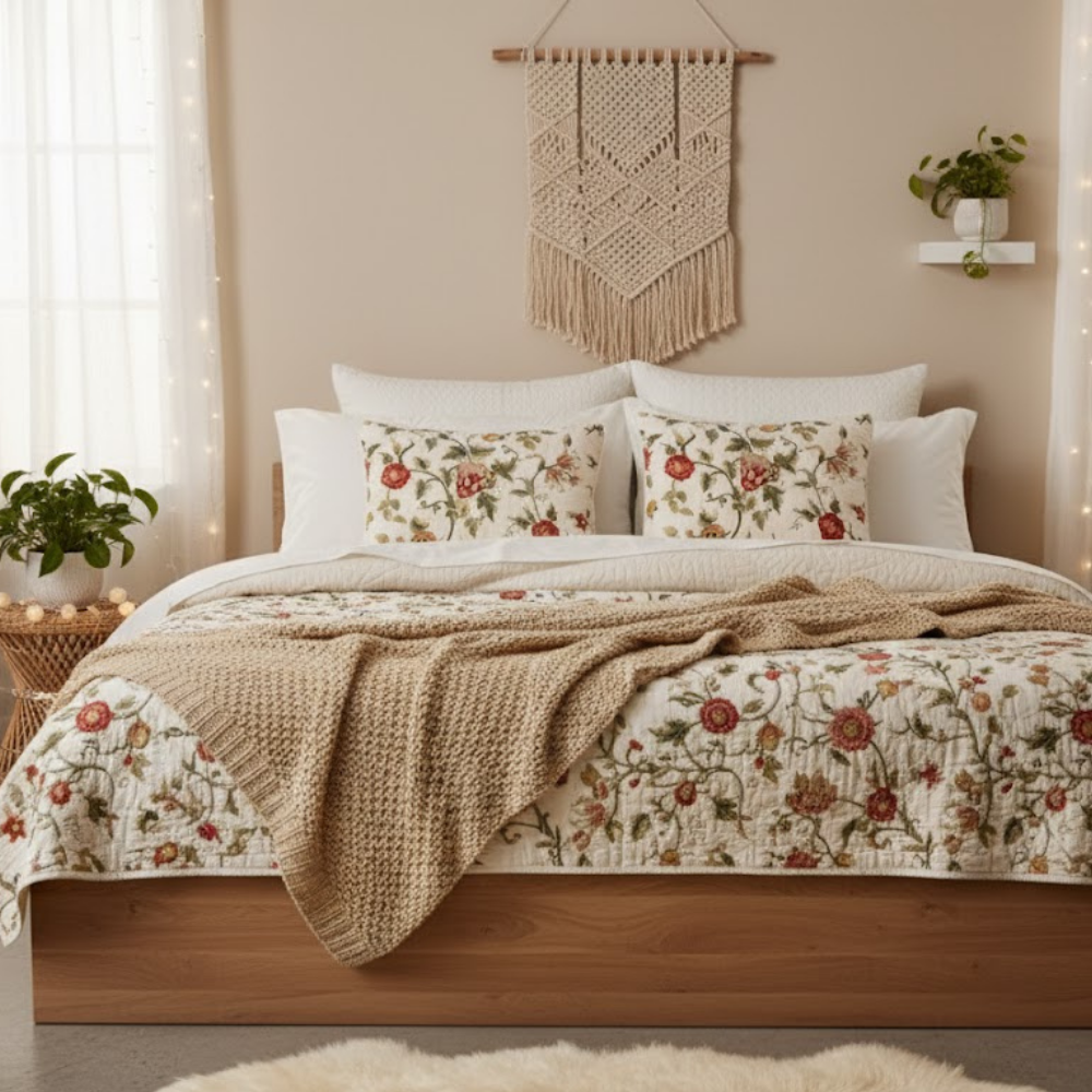 Eliza Quilted Cotton Pillowcase Embroidered Floral Pattern