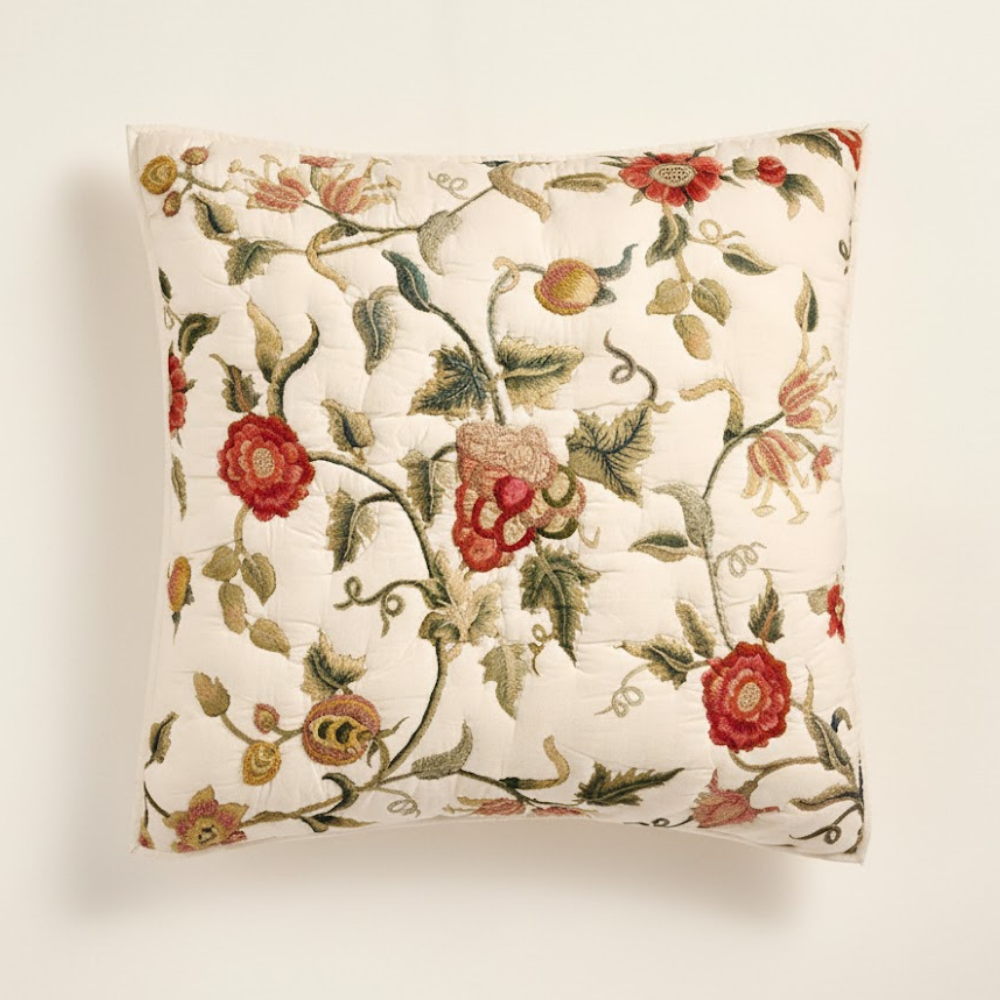 Eliza Quilted Cotton Pillowcase Embroidered Floral Pattern