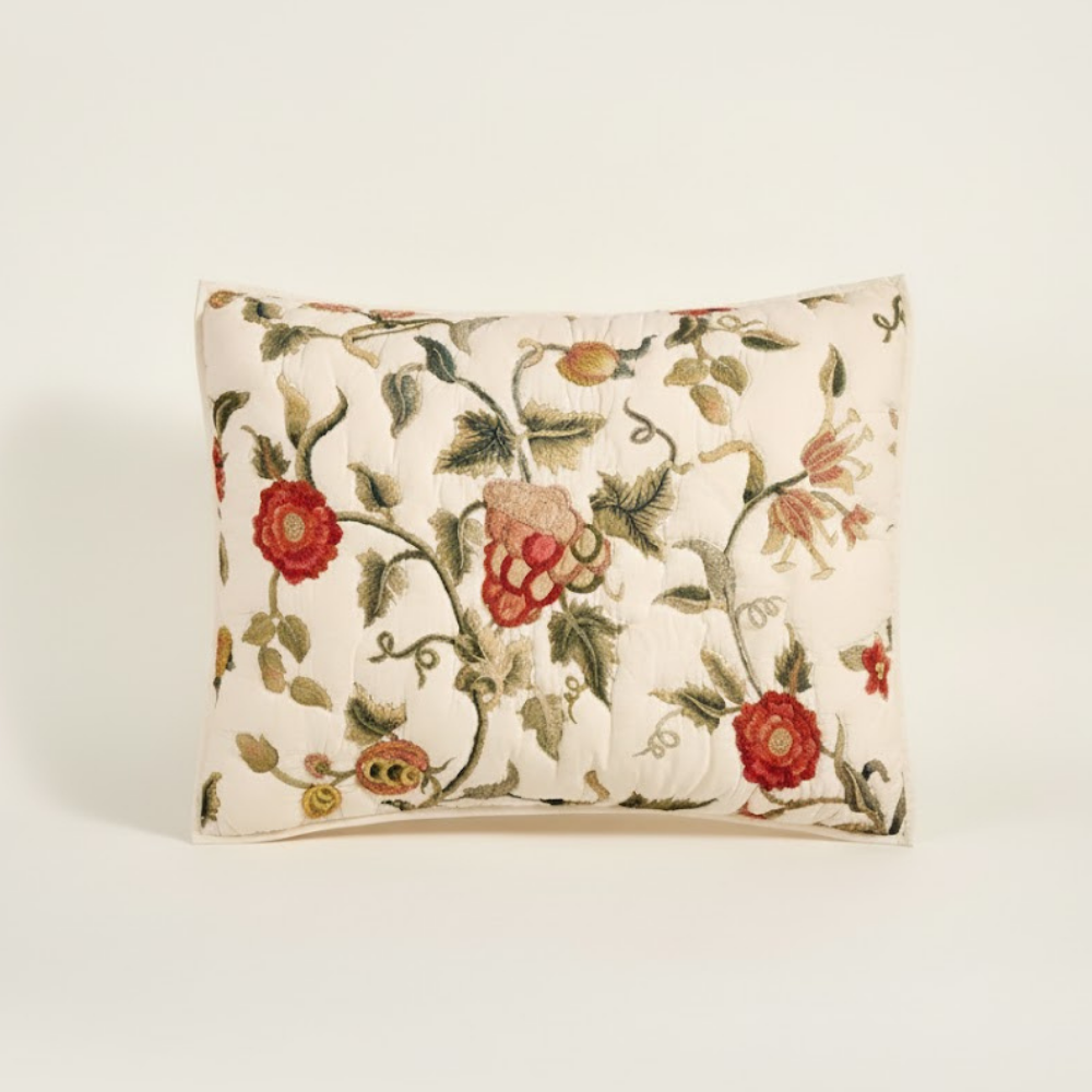 Eliza Quilted Cotton Pillowcase Embroidered Floral Pattern