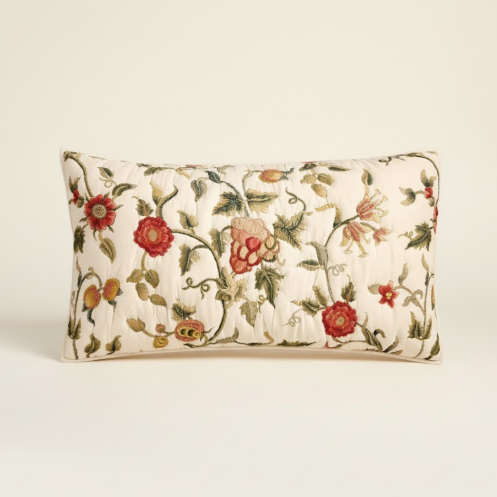 Eliza Quilted Cotton Pillowcase Embroidered Floral Pattern