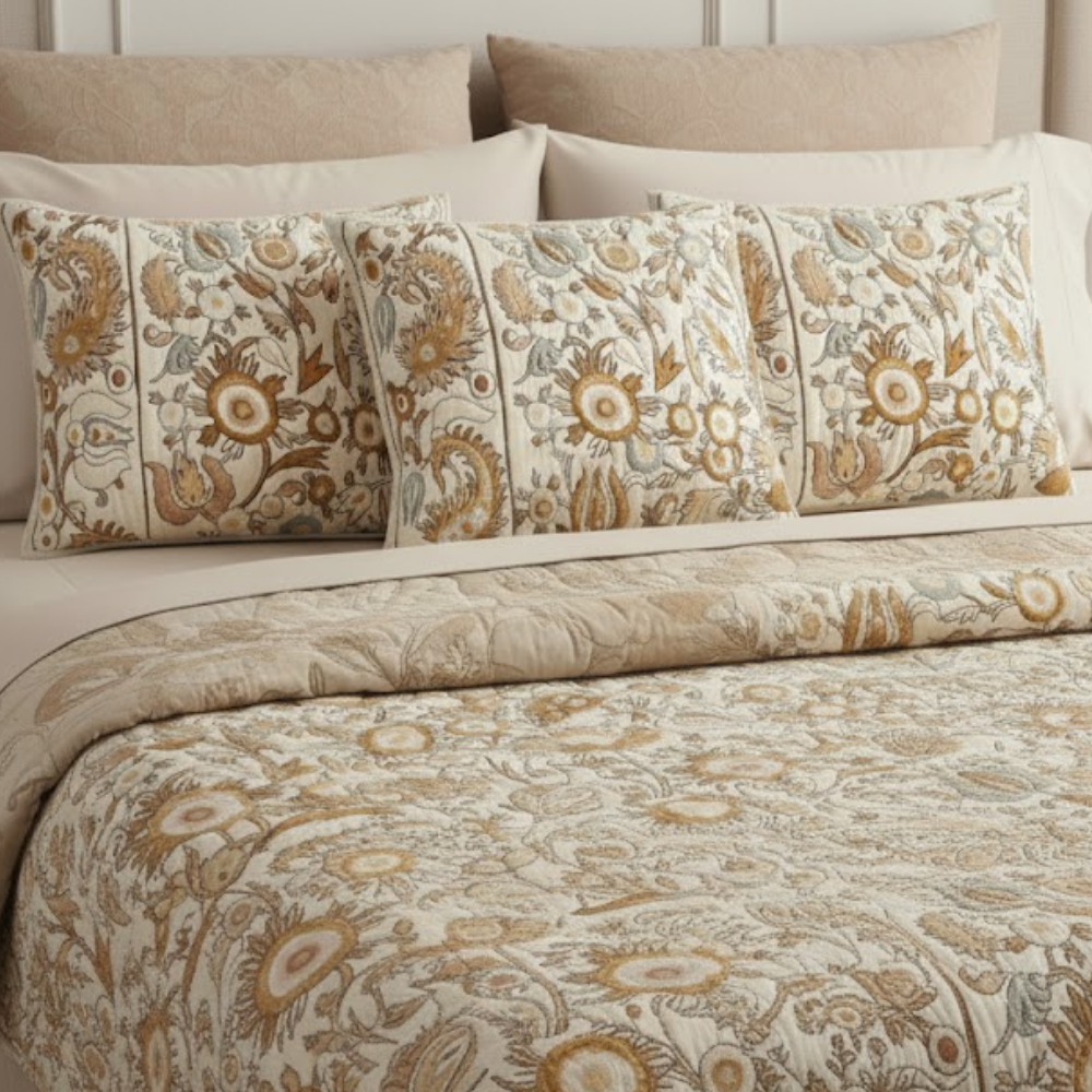 Fern Cotton Pillow Cover, Stylized Floral Embroidery