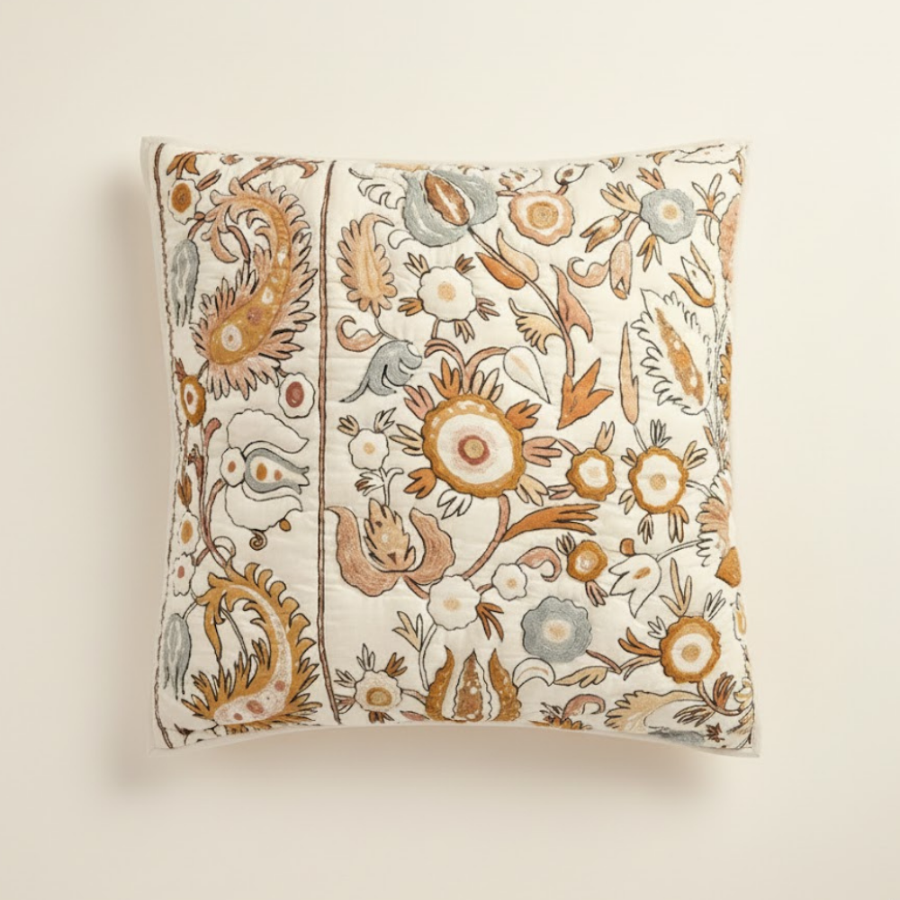 Fern Cotton Pillow Cover, Stylized Floral Embroidery