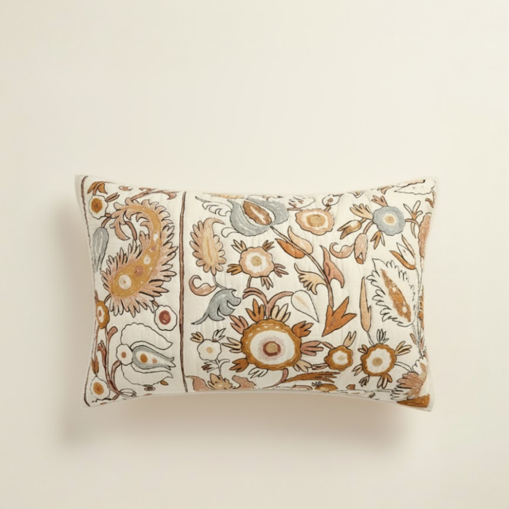Fern Cotton Pillow Cover, Stylized Floral Embroidery