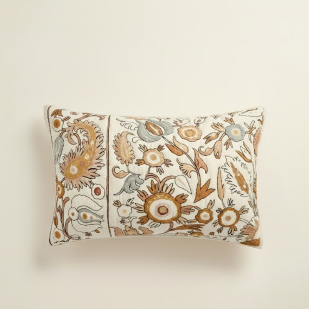 Fern Cotton Pillow Cover, Stylized Floral Embroidery