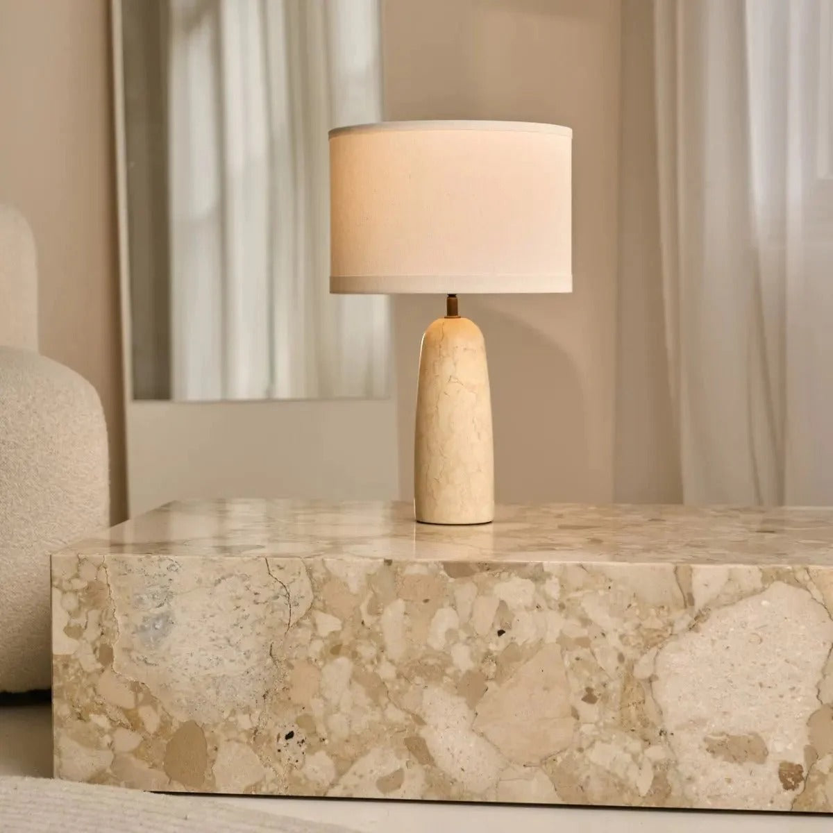 Handcrafted Marble Lamp With Fabric Shade And E27 Socket