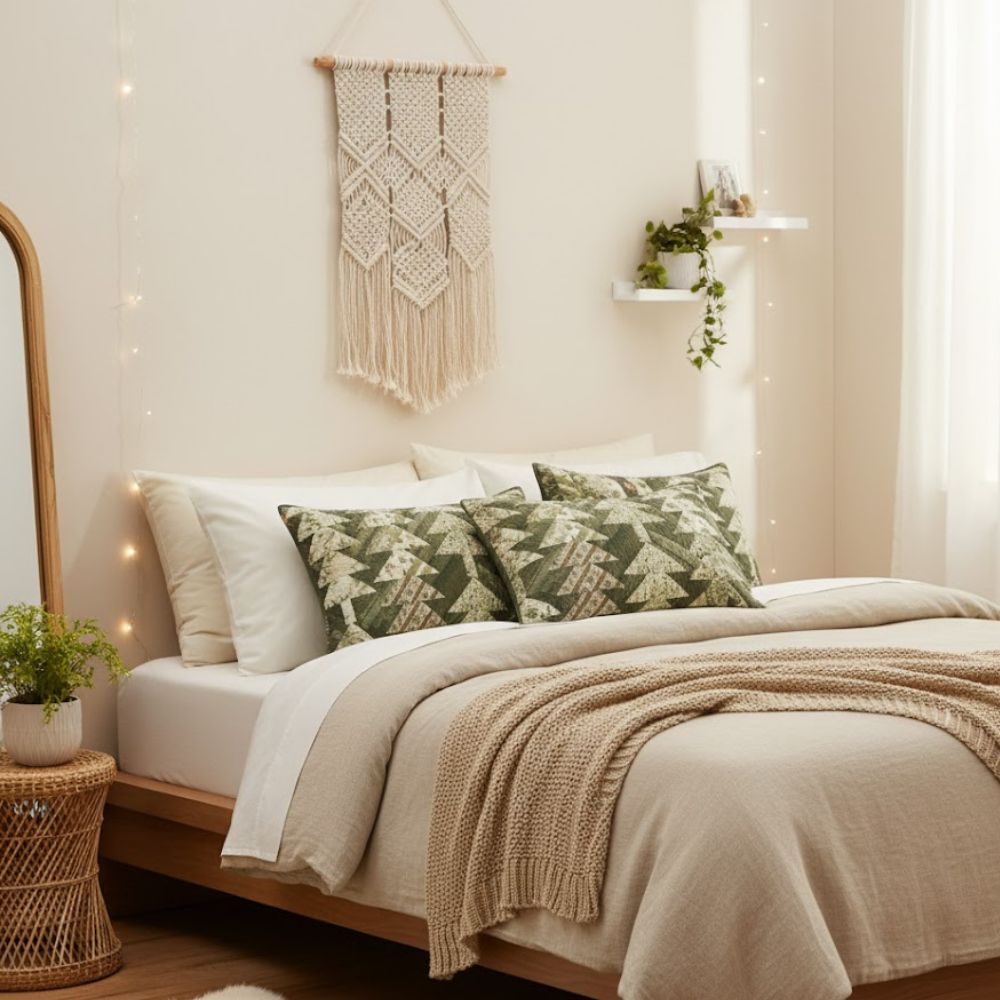 Holly Quilted Cotton Pillowcase Spruce Motif Patchwork