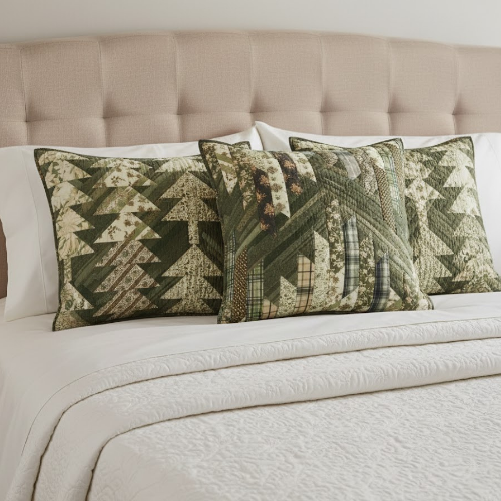 Holly Quilted Cotton Pillowcase Spruce Motif Patchwork