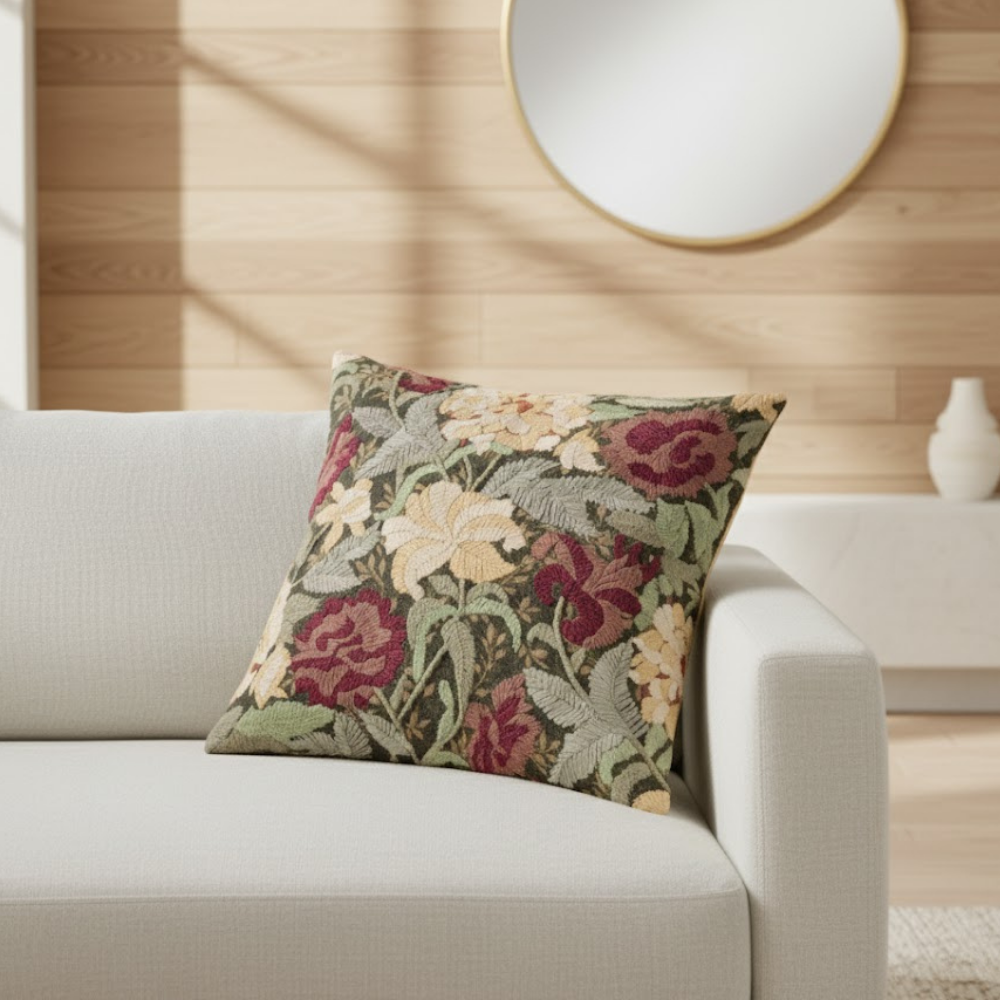 Motif Linen Cushion Cover Embroidered Detail Zipper Closure