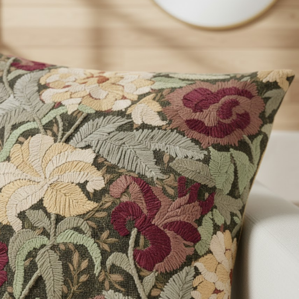 Motif Linen Cushion Cover Embroidered Detail Zipper Closure