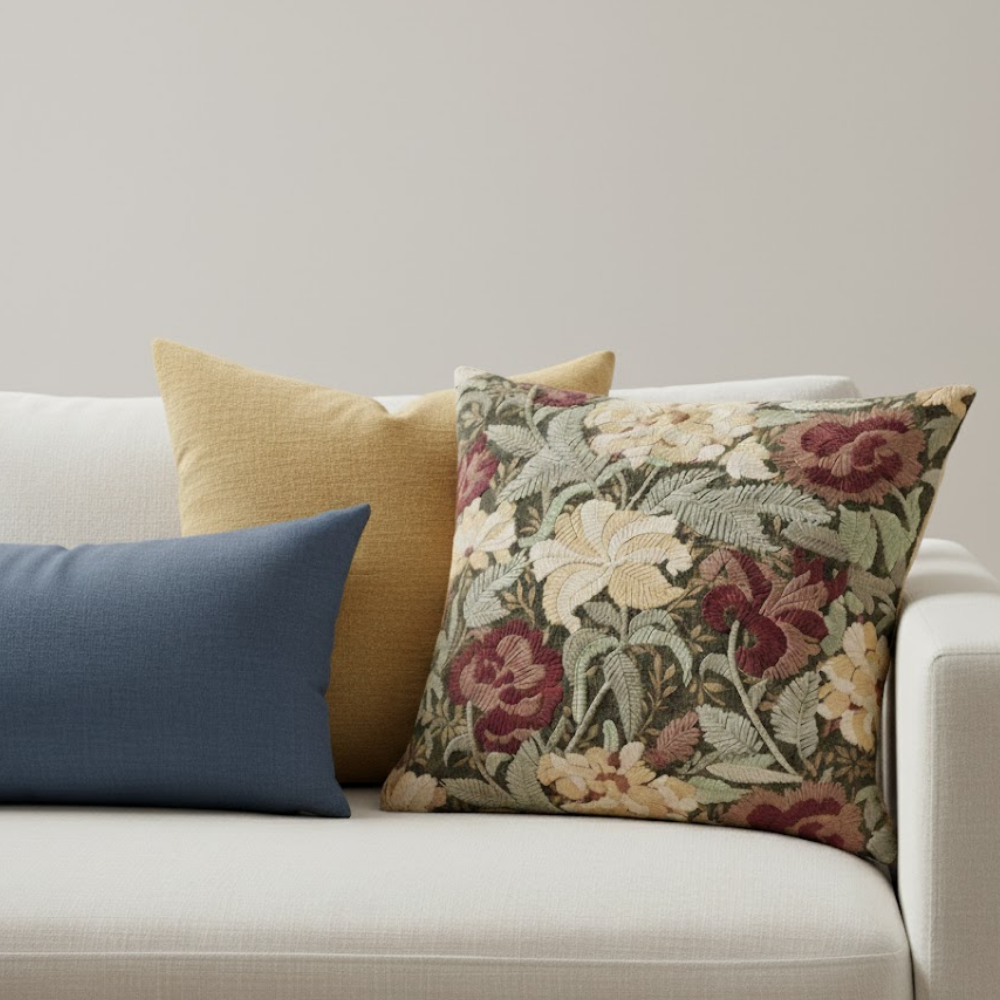 Motif Linen Cushion Cover Embroidered Detail Zipper Closure