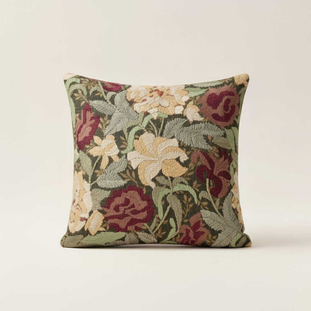 Motif Linen Cushion Cover Embroidered Detail Zipper Closure