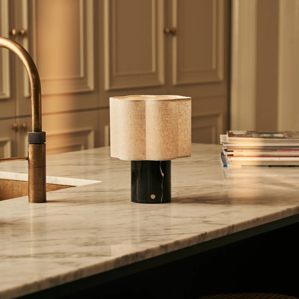 Marble Table Lamp Green With Modular Linen Shade And Rechargeable LED