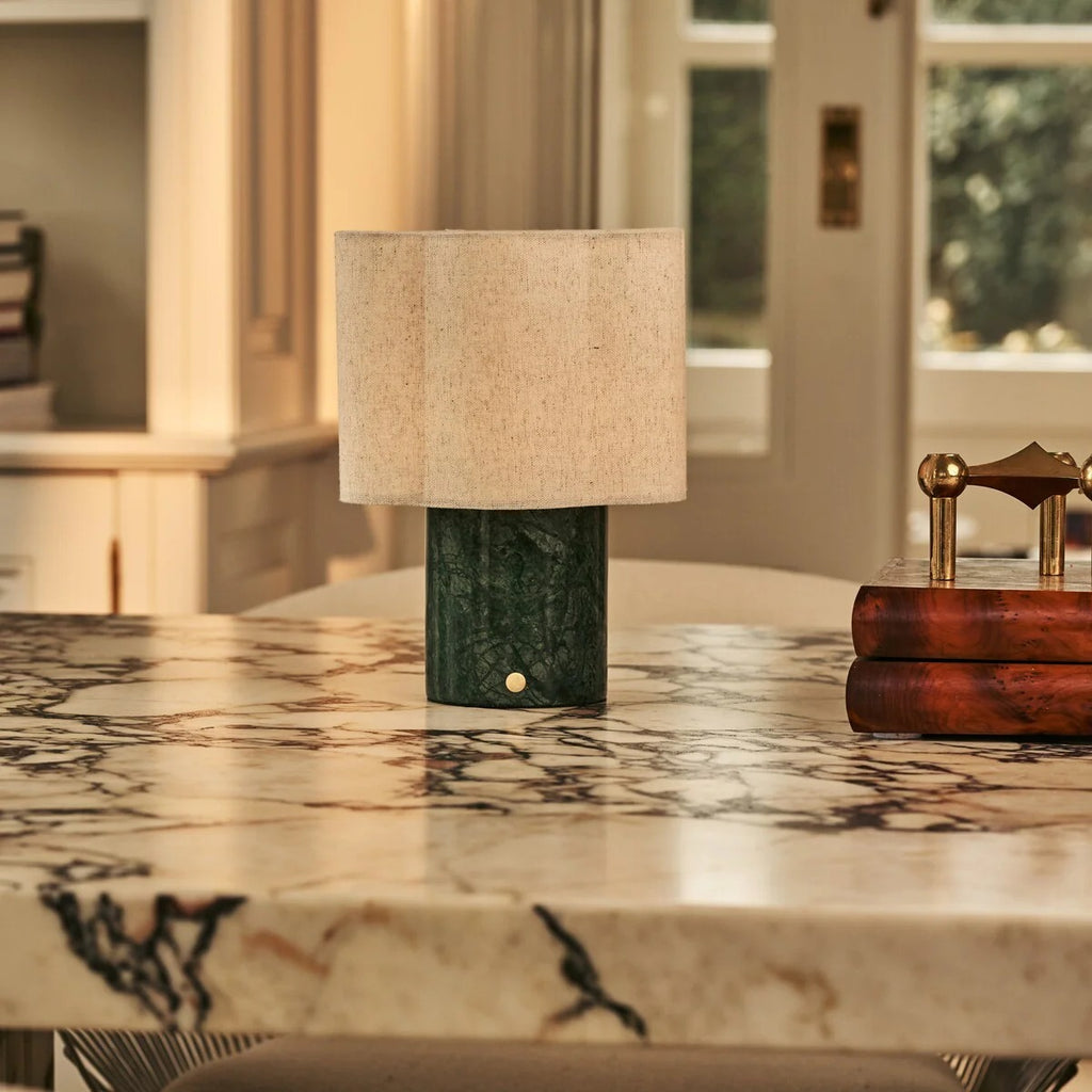 Marble Table Lamp Green With Modular Linen Shade And Rechargeable LED