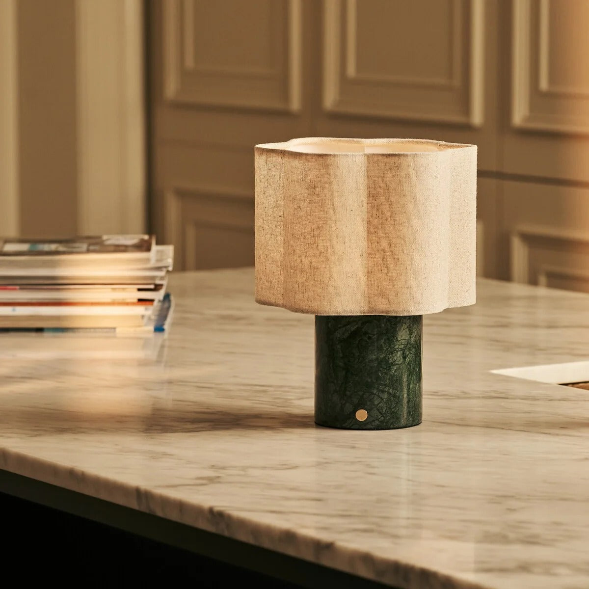 Marble Table Lamp Green With Modular Linen Shade And Rechargeable LED