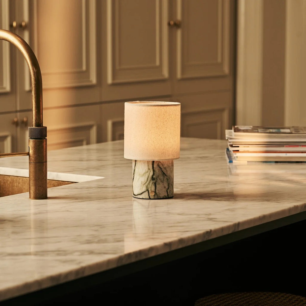 Marble Table Lamp Ice Green With Linen Lampshade And Rechargeable LED