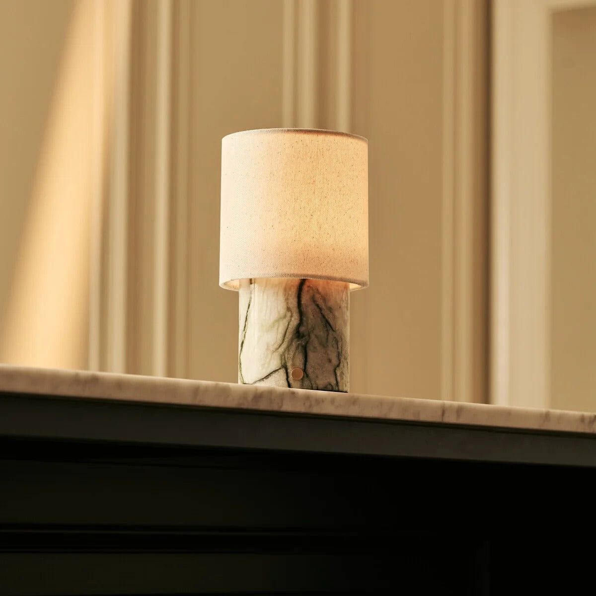 Marble Table Lamp Ice Green With Linen Lampshade And Rechargeable LED