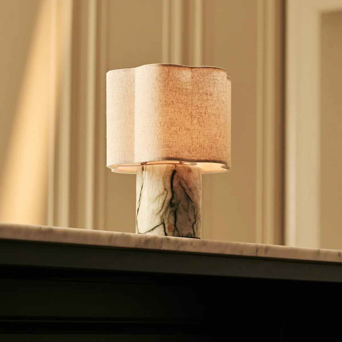 Marble Table Lamp Ice Green With Rechargeable LED And Linen Shade