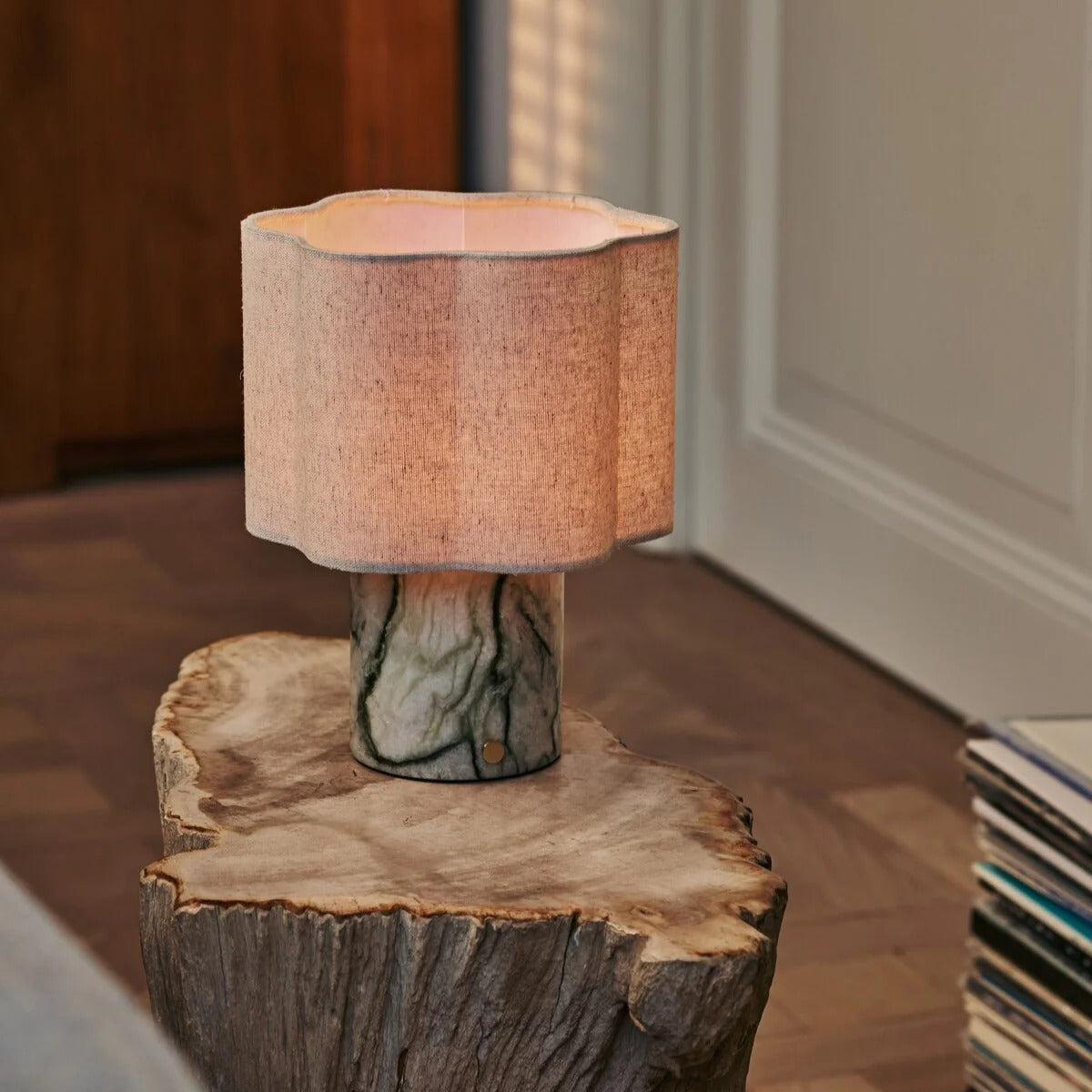 Marble Table Lamp Ice Green With Rechargeable LED And Linen Shade