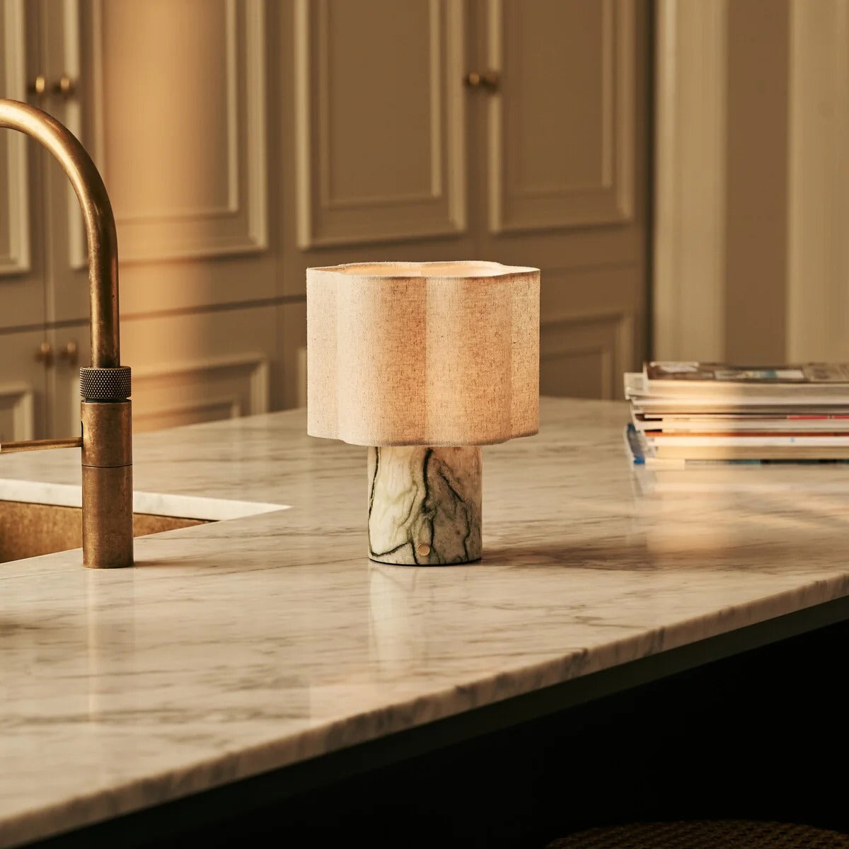 Marble Table Lamp Ice Green With Rechargeable LED And Linen Shade