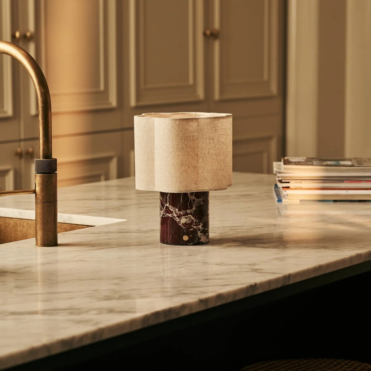 Marble Table Lamp Red With Linen Shade And Rechargeable LED