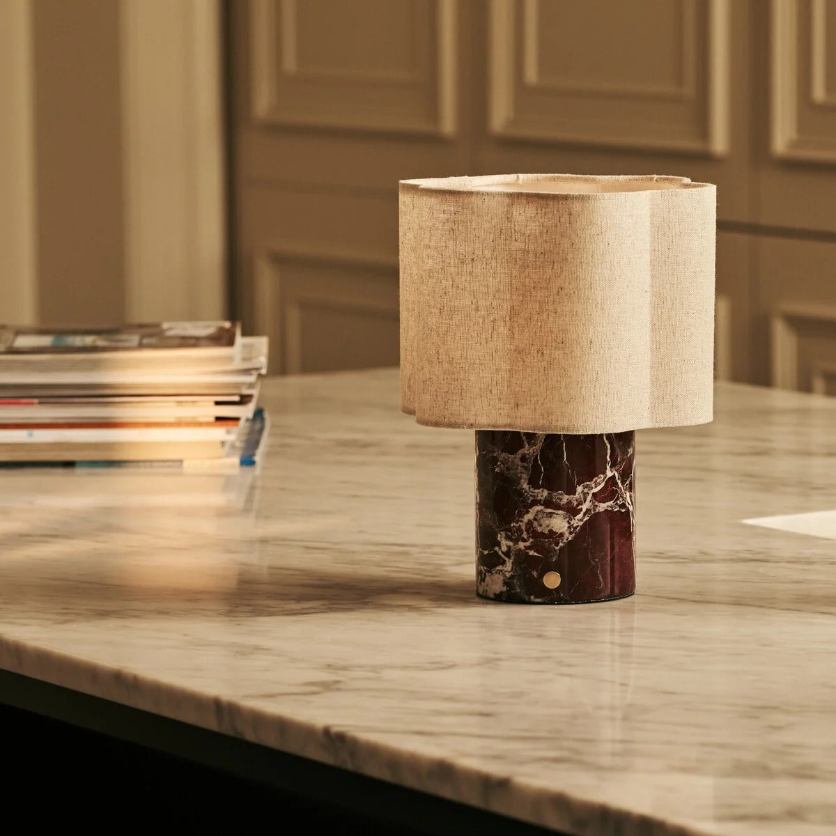Marble Table Lamp Red With Linen Shade And Rechargeable LED