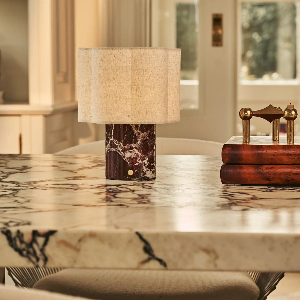 Marble Table Lamp Red With Linen Shade And Rechargeable LED