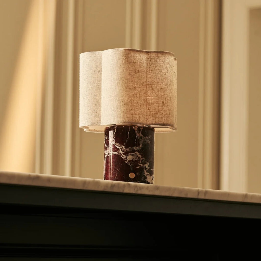 Marble Table Lamp Red With Linen Shade And Rechargeable LED