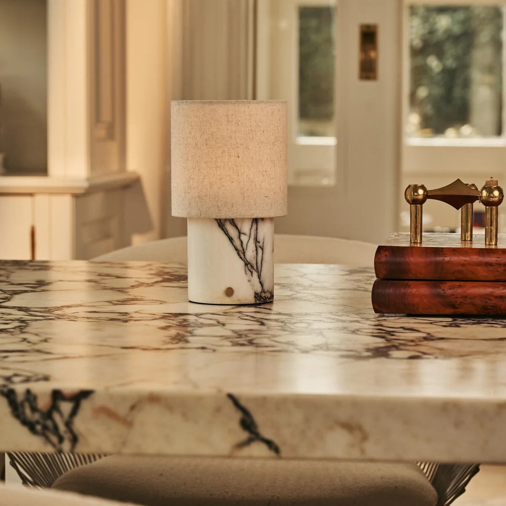 Marble Table Lamp White Lilac With Linen Lampshade And Rechargeable LED