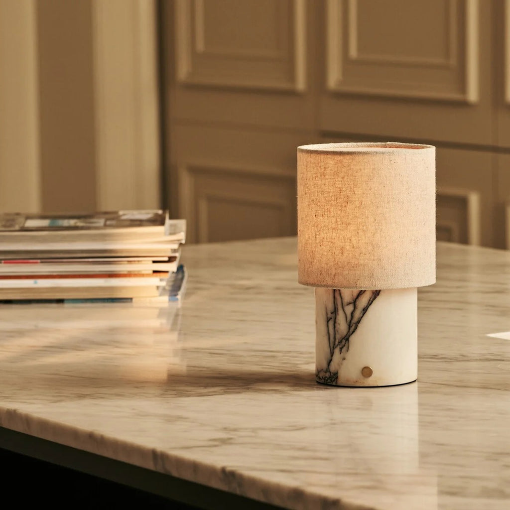Marble Table Lamp White Lilac With Linen Lampshade And Rechargeable LED