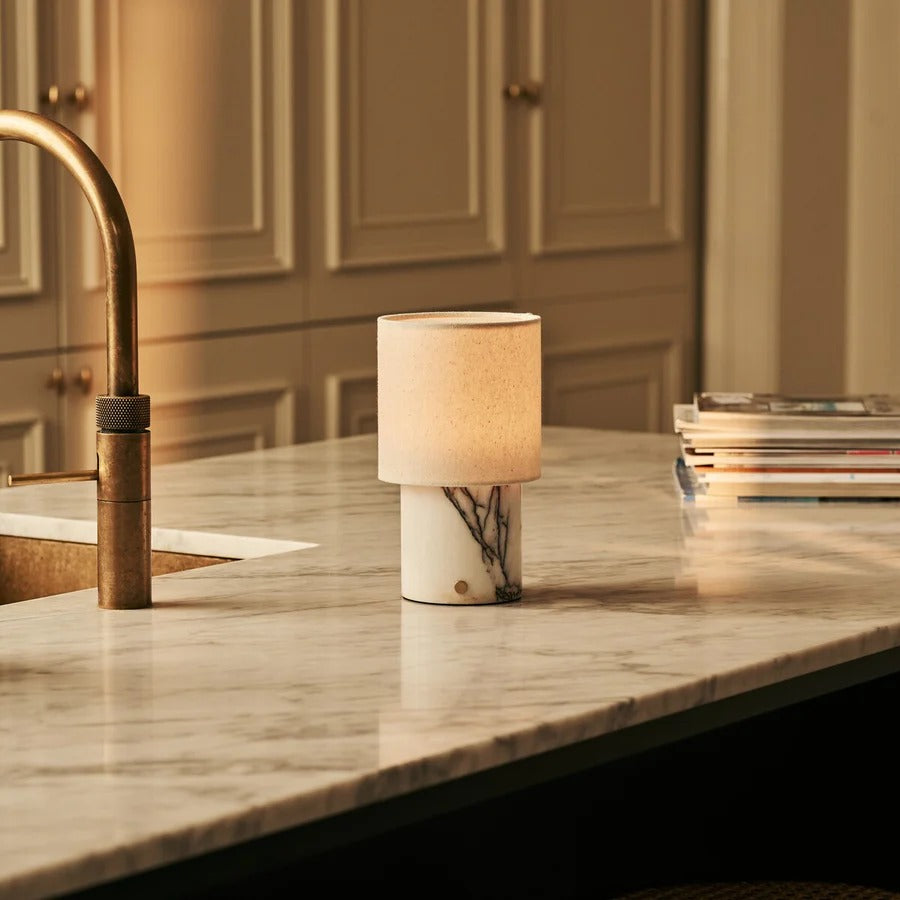 Marble Table Lamp White Lilac With Linen Shade And Rechargeable LED