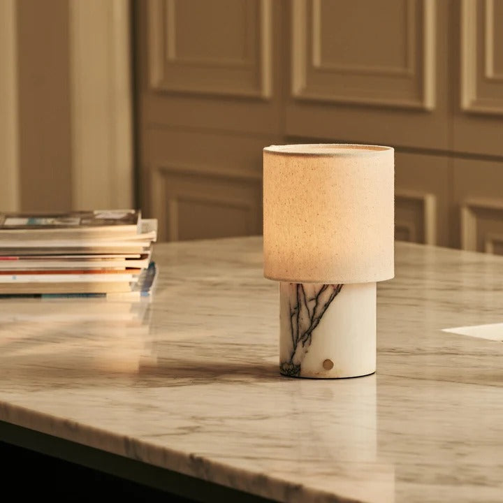 Marble Table Lamp White Lilac With Linen Shade And Rechargeable LED