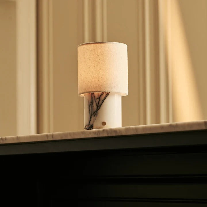 Marble Table Lamp White Lilac With Linen Shade And Rechargeable LED