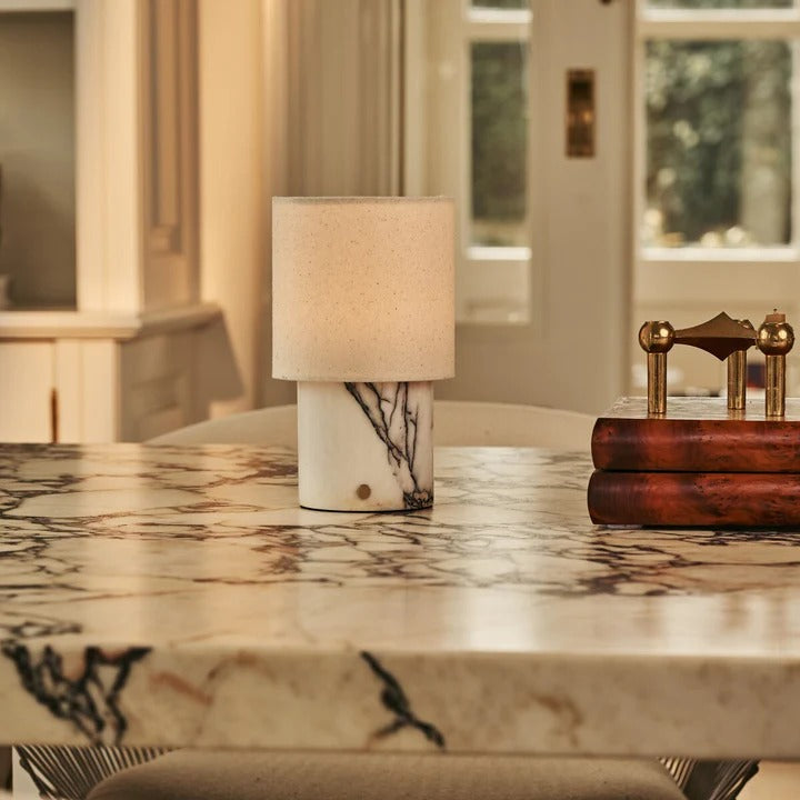 Marble Table Lamp White Lilac With Linen Shade And Rechargeable LED