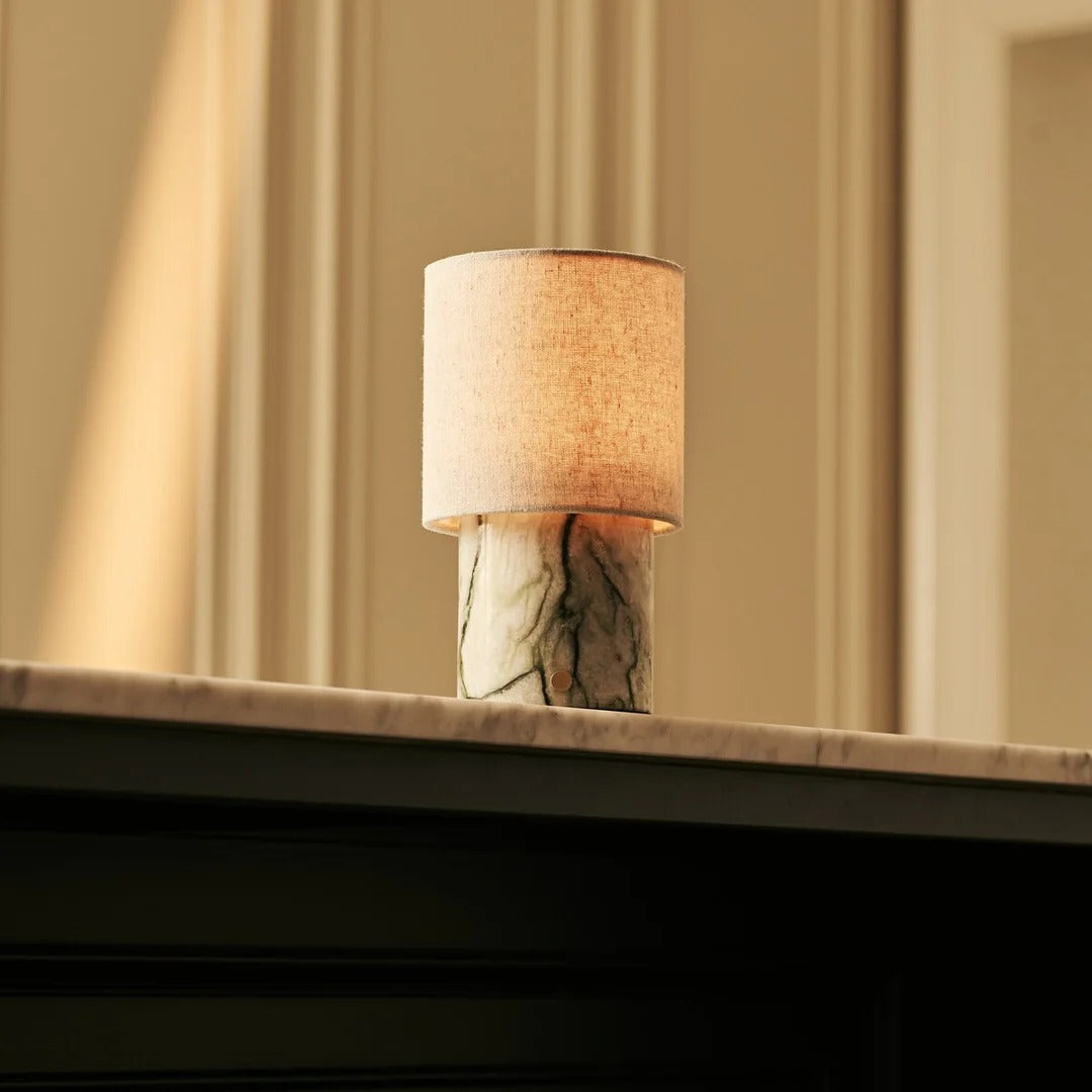 Marble Table Lamp With Cordless LED Lighting And Linen Lampshade Ice Green