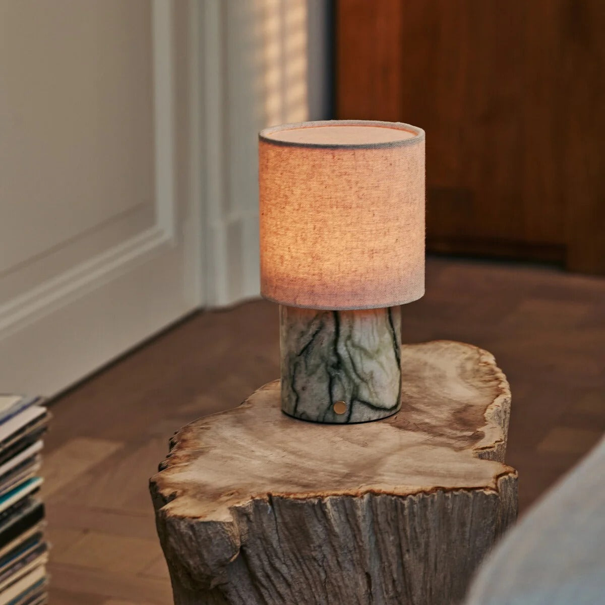 Marble Table Lamp With Cordless LED Lighting And Linen Lampshade Ice Green
