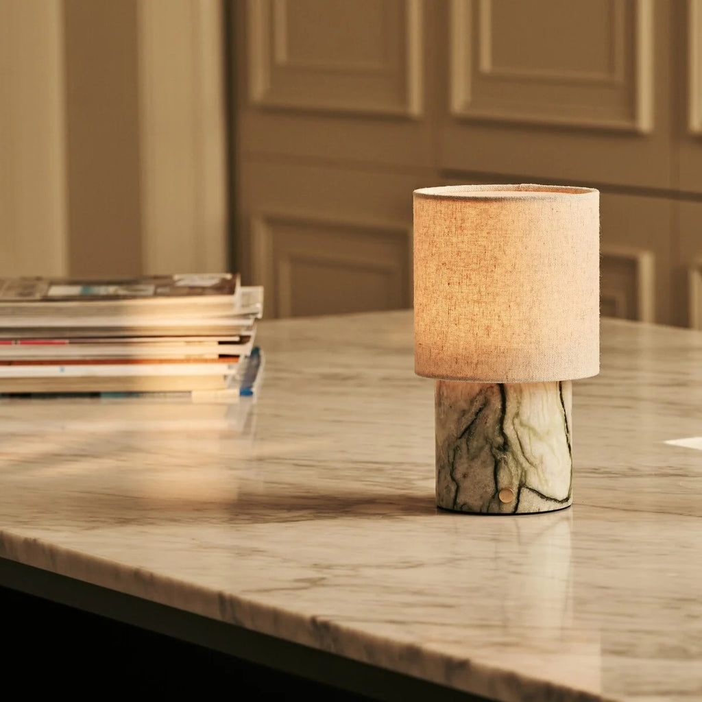 Marble Table Lamp With Cordless LED Lighting And Linen Lampshade Ice Green