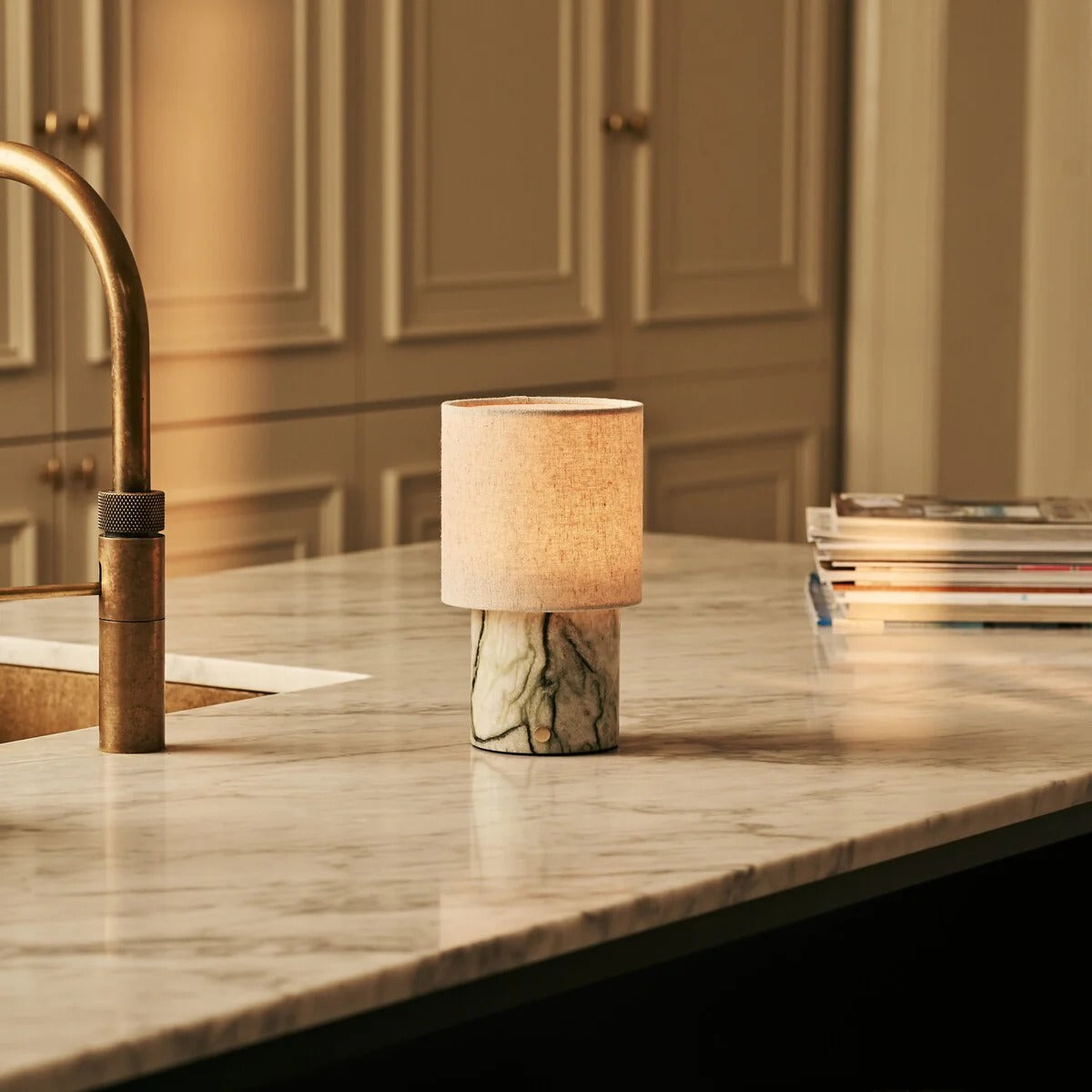 Marble Table Lamp With Cordless LED Lighting And Linen Lampshade Ice Green