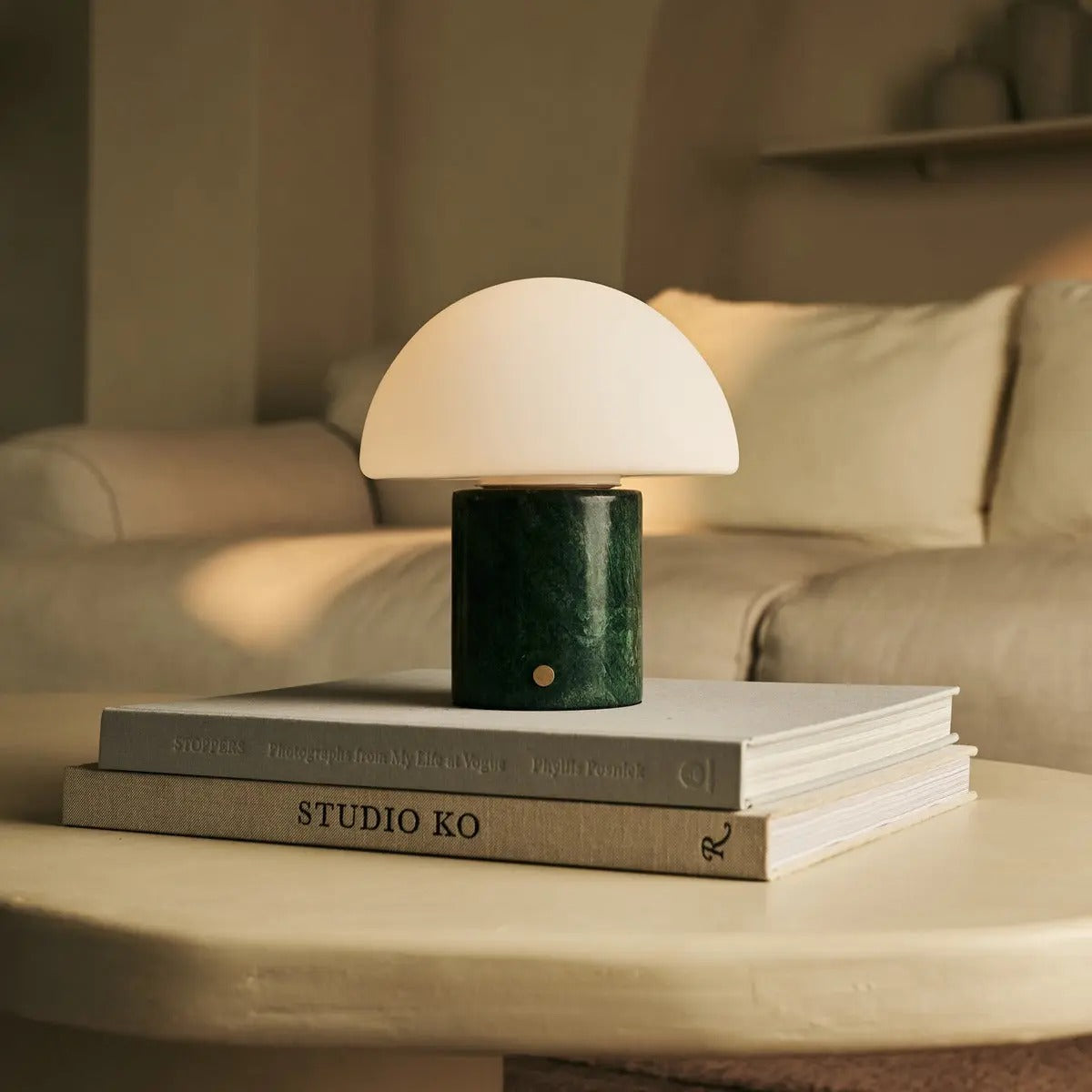 Marble Table Lamp With Wireless LED And Glass Shade