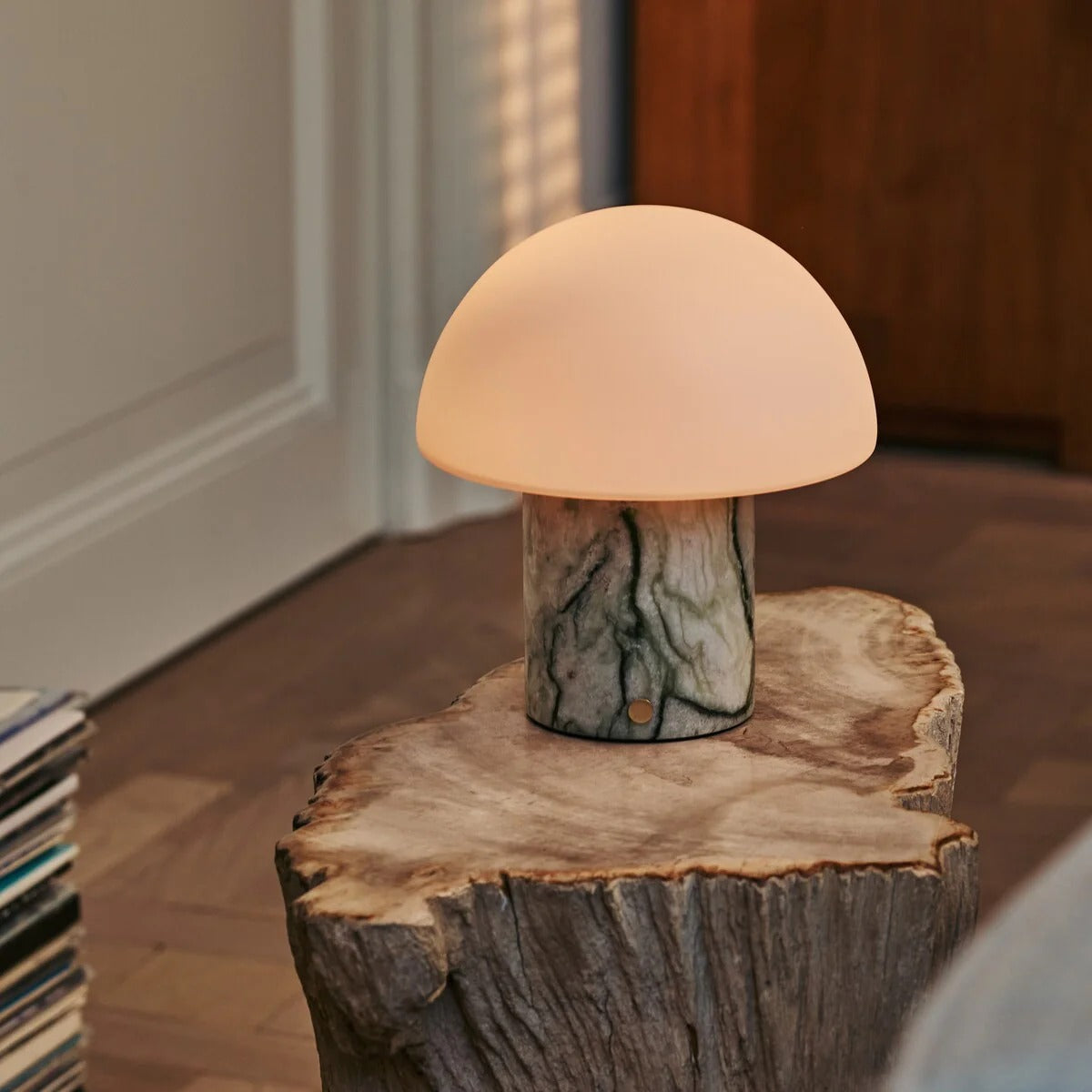 Marble Table Lamp With Wireless LED And Glass Shade