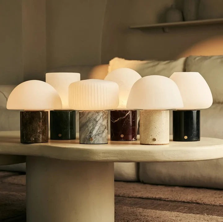 Marble Table Lamp Ice Green With Linen Lampshade And Rechargeable LED