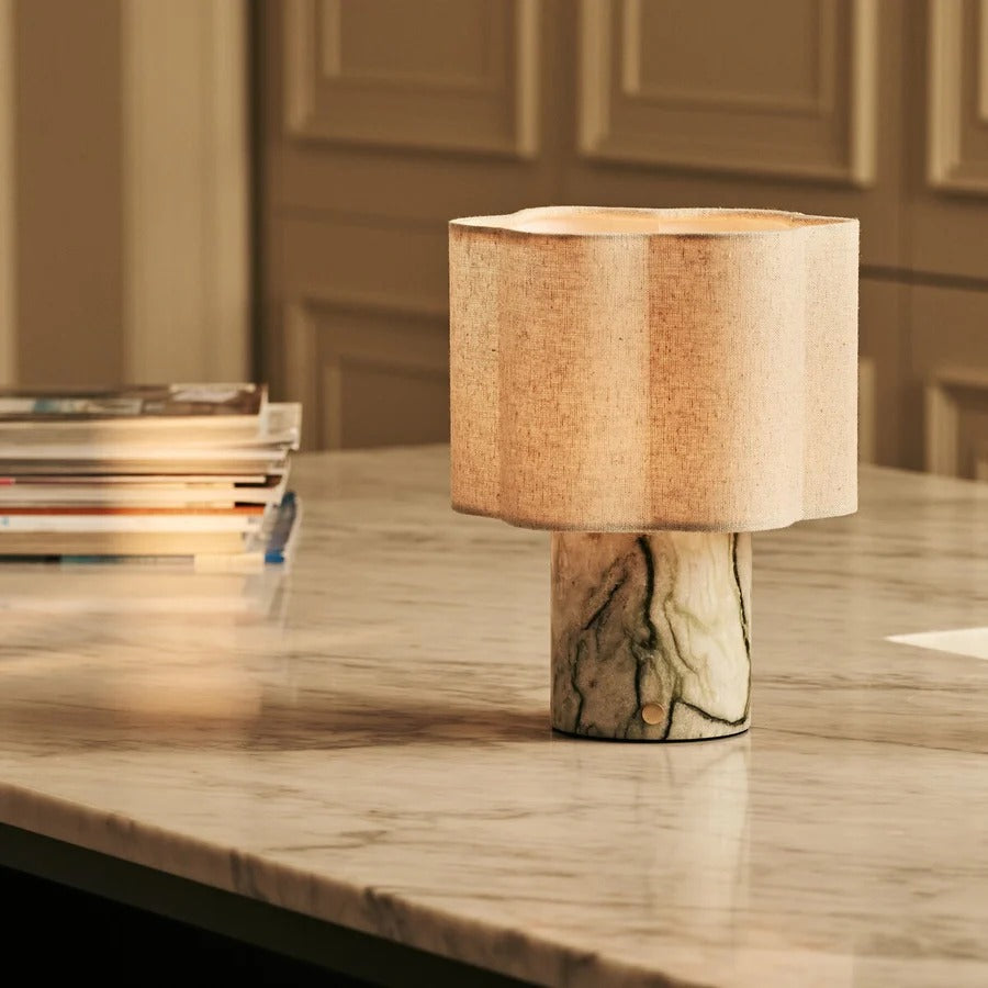 Marble Table Lamp Ice Green With Rechargeable LED And Linen Shade