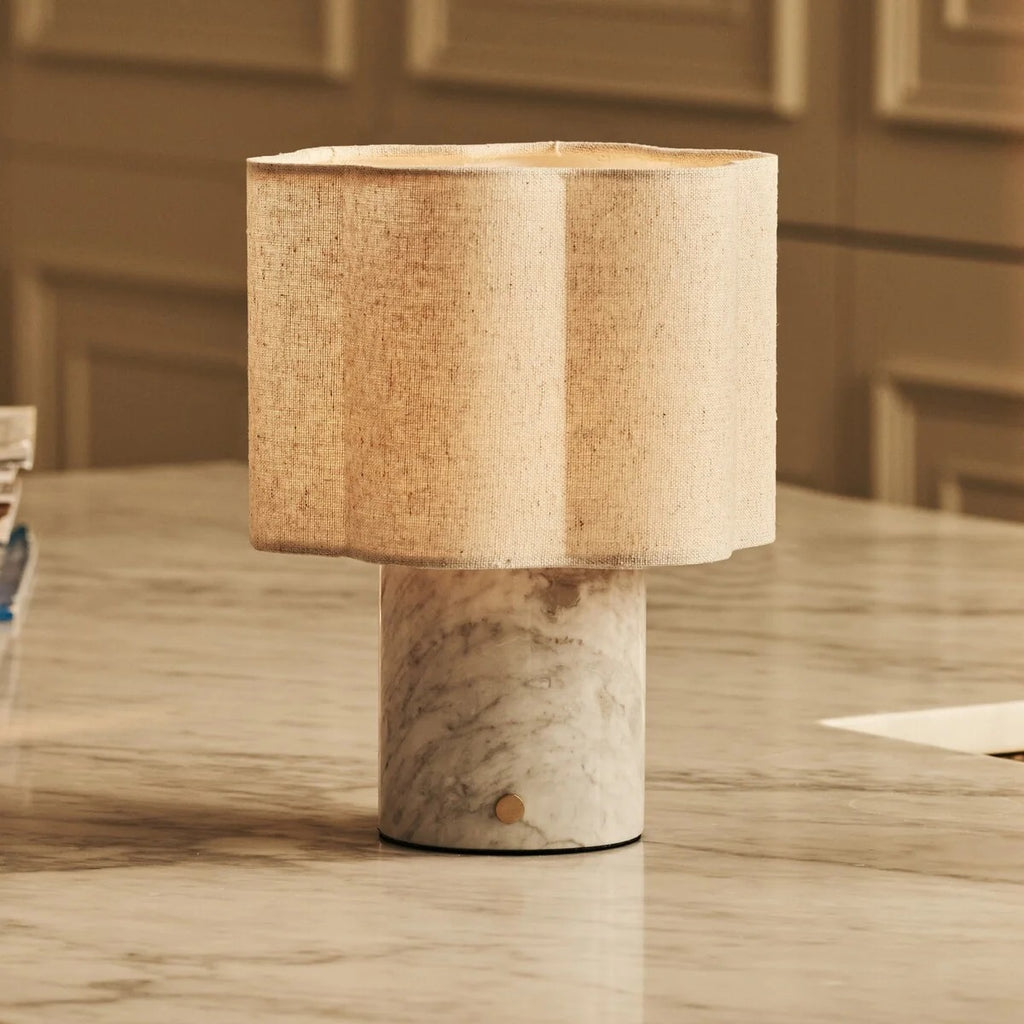Marble Table Lamp White With Rechargeable LED And Linen Shade