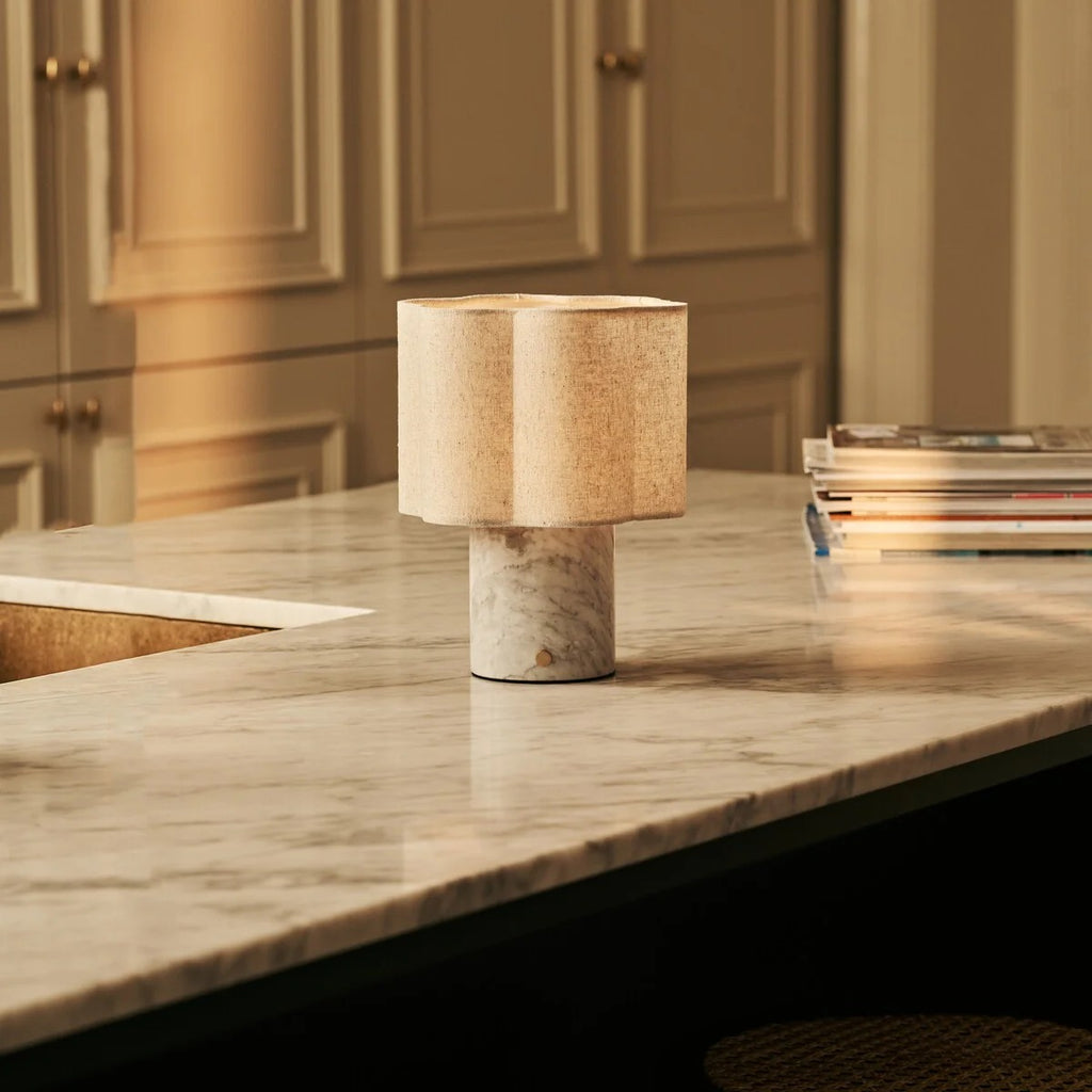 Marble Table Lamp White With Rechargeable LED And Linen Shade