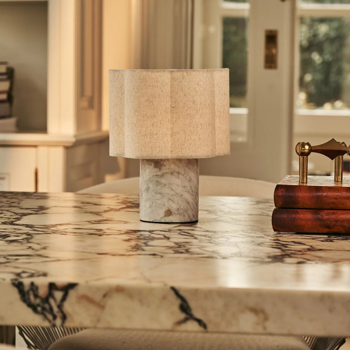 Marble Table Lamp White With Rechargeable LED And Linen Shade