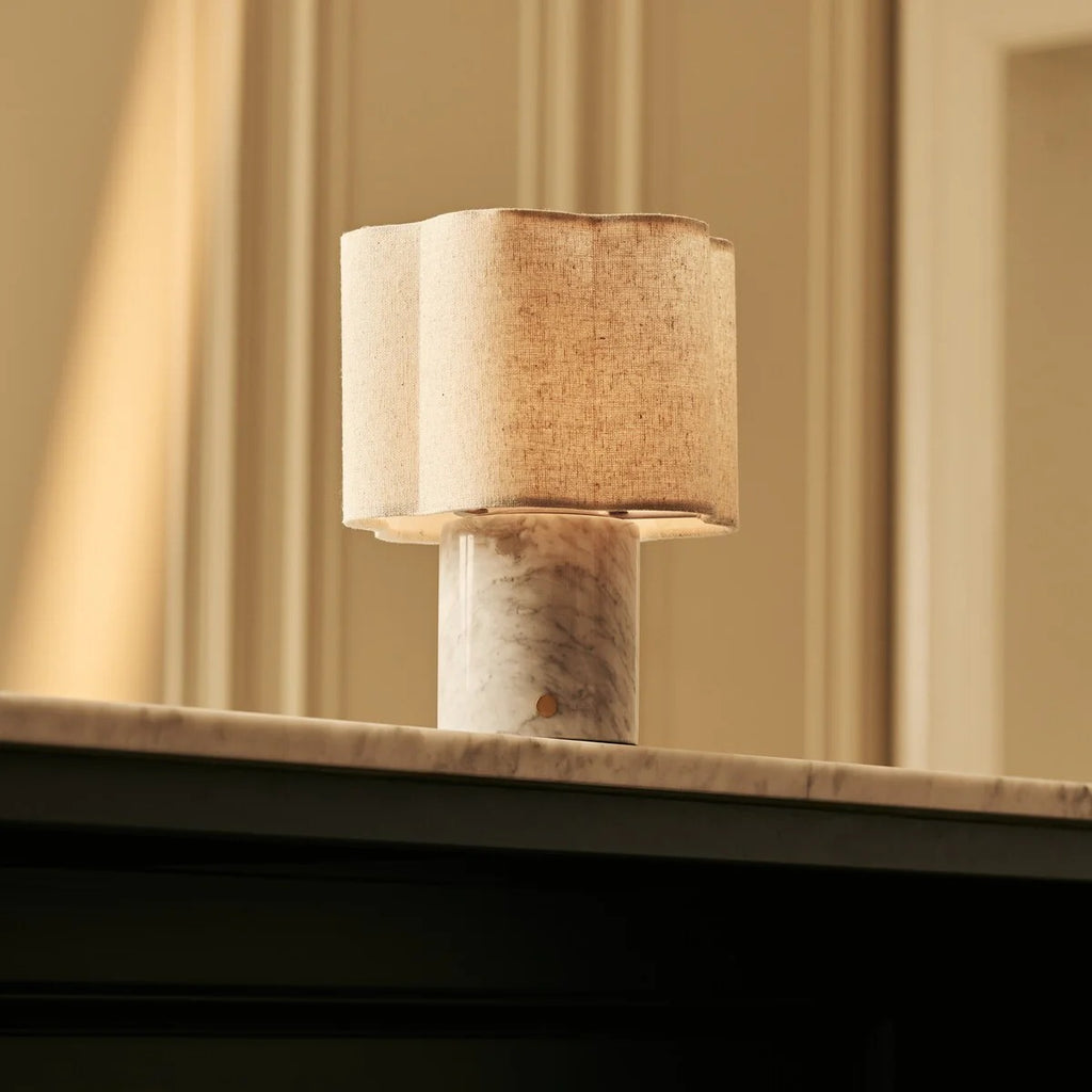 Marble Table Lamp White With Rechargeable LED And Linen Shade