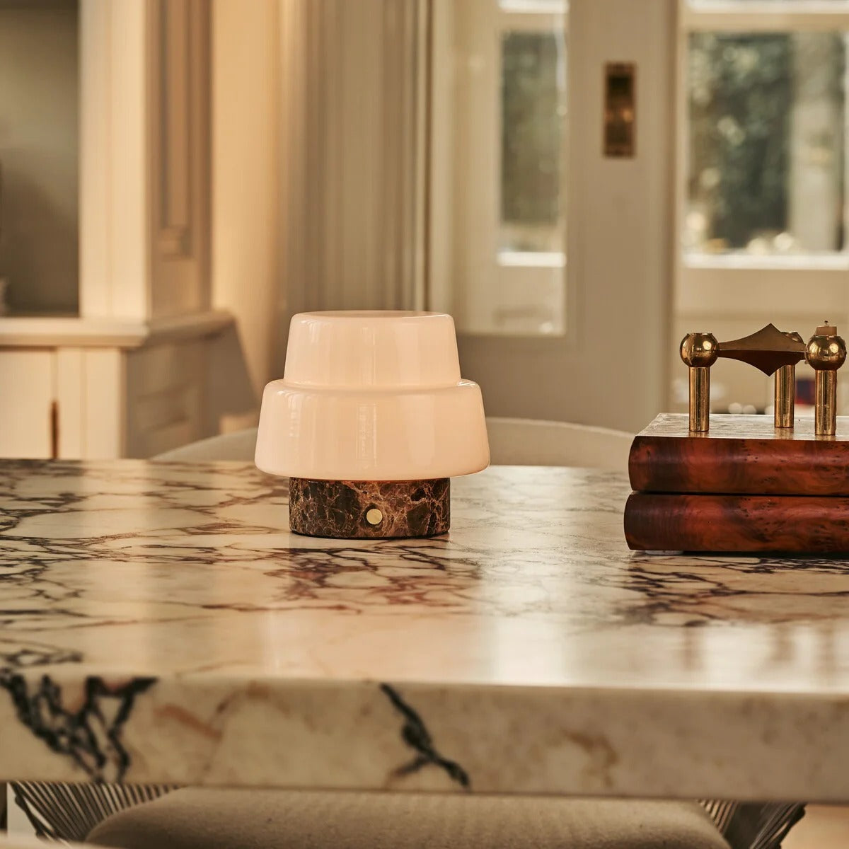 Marble Table Lamp With Rechargeable LED And Glass Shade