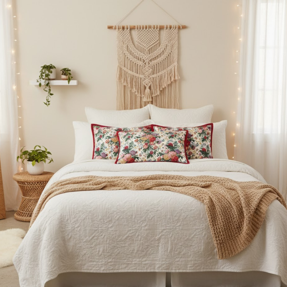 Poppy Quilted Cotton Pillowcase Reversible Floral Print