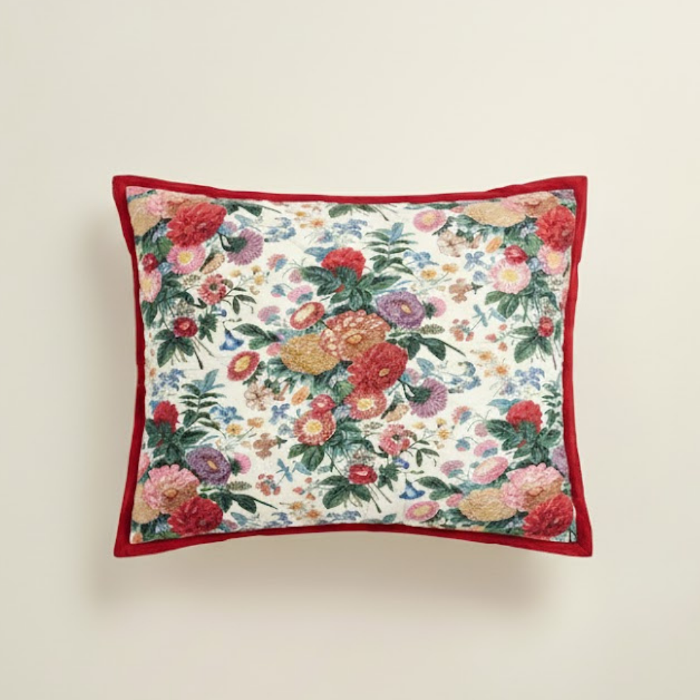 Poppy Quilted Cotton Pillowcase Reversible Floral Print
