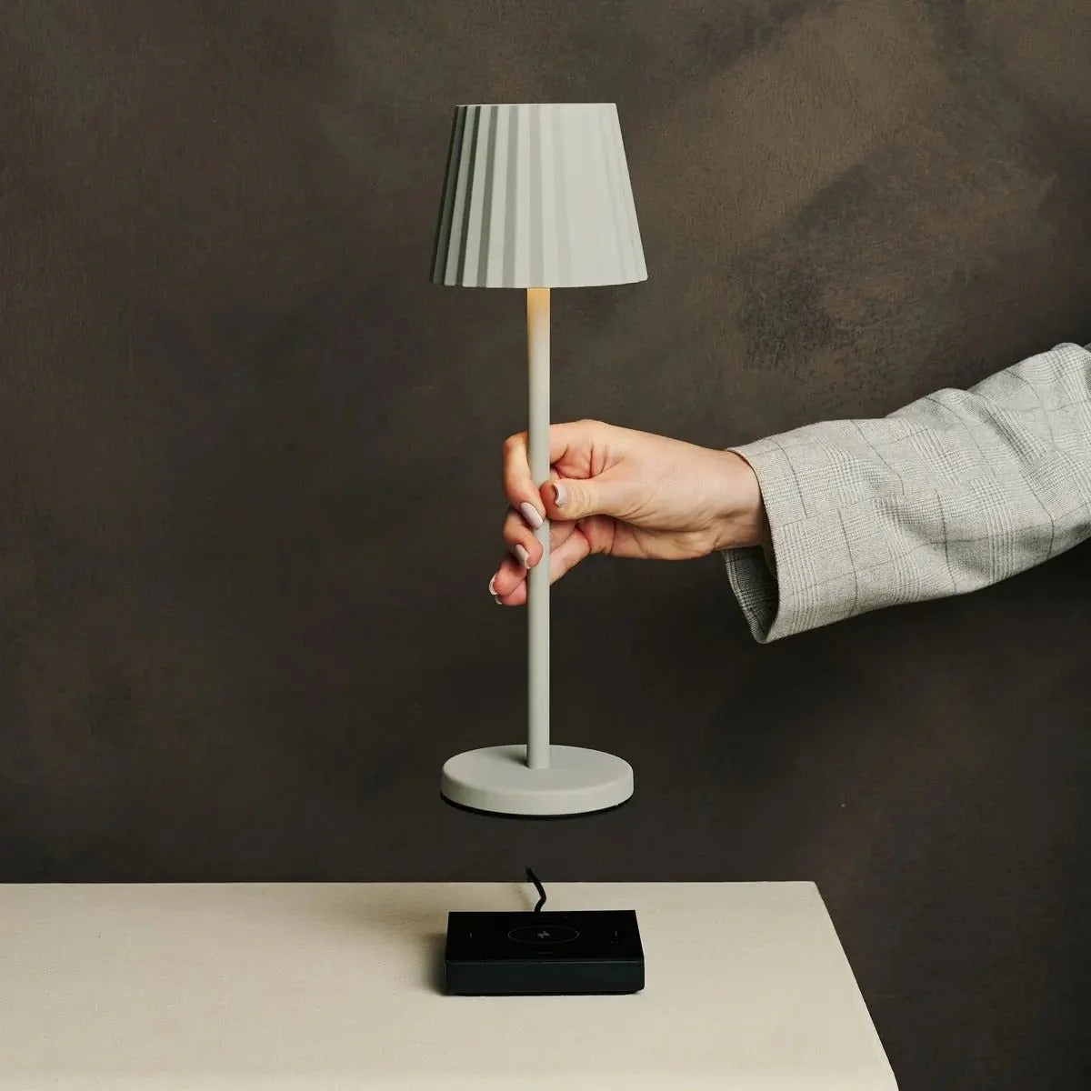 Ribbed Table Lamp With Dimmable LED And Wireless Charging Capability